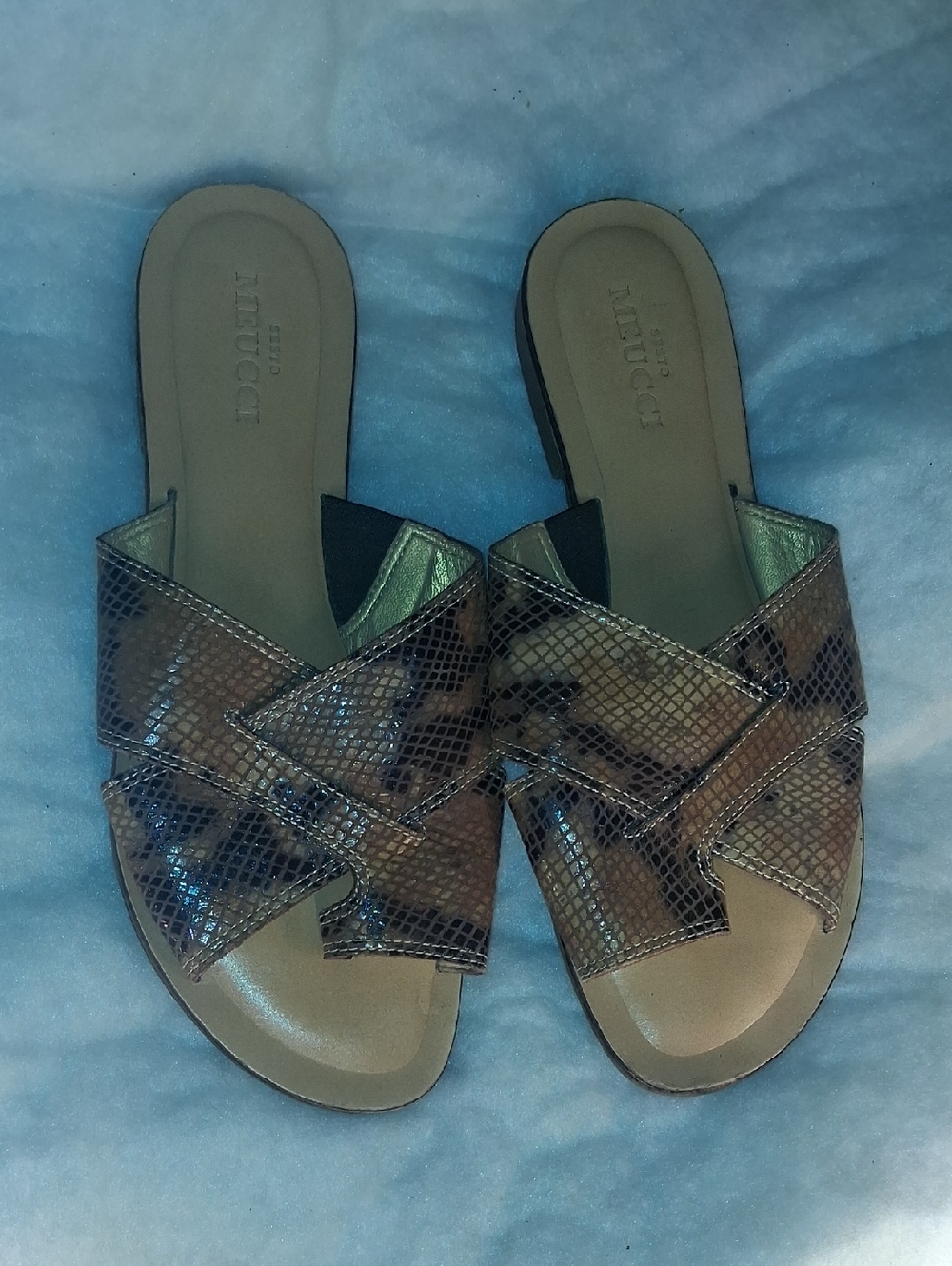 Sesto Meucci Metallic Brown Snake-Print Slide Sandals